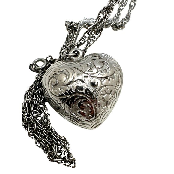 Romantic Puff Heart Pendant Necklace Ornate Scroll Embossed Twisted Rope Chain - Picture 4 of 7
